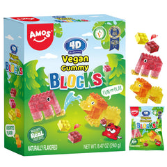 Amos 4D vegan gummy blocks pack, perfect for lunchboxes and playtime treats.