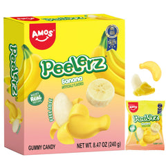 AMOS Peelerz Banana candy box front showing a family-friendly snack moment