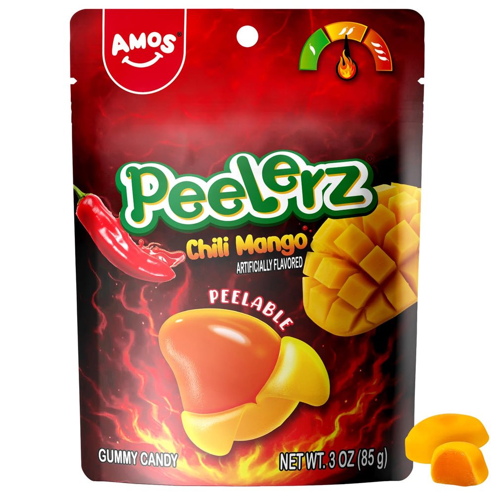 AMOS Peelerz chili mango gummies peelable pieces ready for interactive snacking