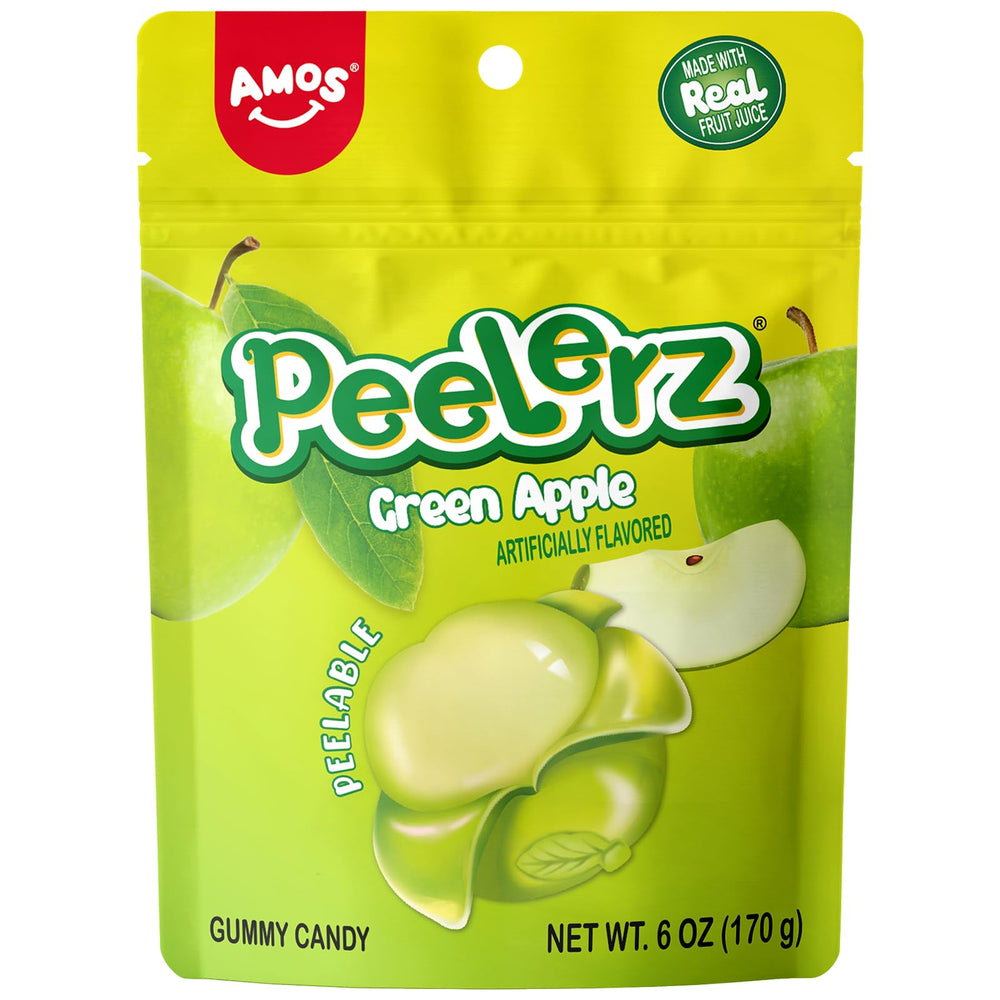 AMOS Peelerz Gummy Green Apple peel action shows playful snack appeal.