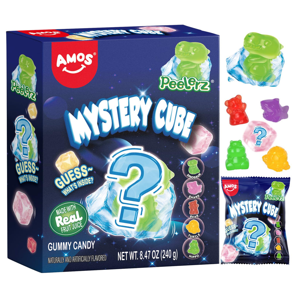AMOS Peelerz Mystery Cube Gummies being opened to reveal hidden shapes for playful snacking