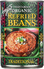 Amy's Bean Refried Tradtnl GF jar shows creamy texture for quick, comforting toppings