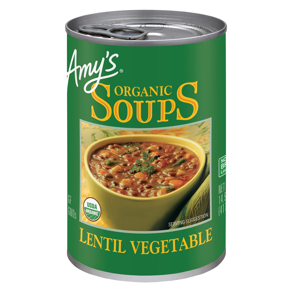 Amy's Lentil Vegetable Soup can front view, ready-to-heat wholesome meal.