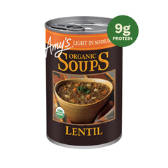 Amy's Lentil Vegetable Soup can label close-up, rich organic ingredients for hearty meals.