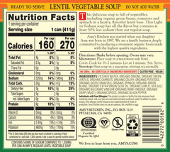 Amy's Lentil Vegetable Soup ingredients close-up with green lentils for plant-based protein