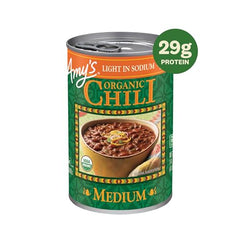 Amy's Organic Chili vegan medium 14oz can back label shows gluten-free and non-GMO