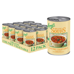 Amy's Organic Chunky Vegetable Soup twelve-pack cans for quick weeknight meals.