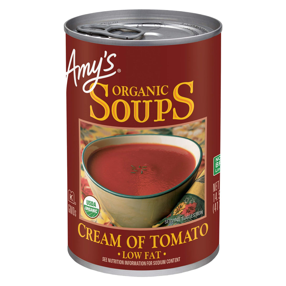 Amy's Organic Cream of Tomato Soup can front label, highlighting the brand and organic ingredients.