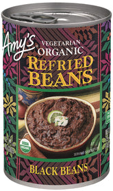 Amy's Organic Refried Black Beans front of can ready to heat for quick meals