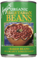 Amy's Organic Vegetarian Baked Beans can, label close-up, highlights clean ingredients and convenience