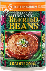 Amy's Organic refried beans label close-up emphasizes organic ingredients
