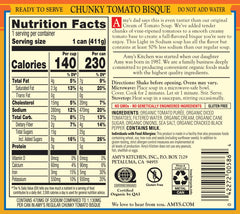 Amy's Chunky Tomato Bisque can label emphasizes light sodium and gluten-free options