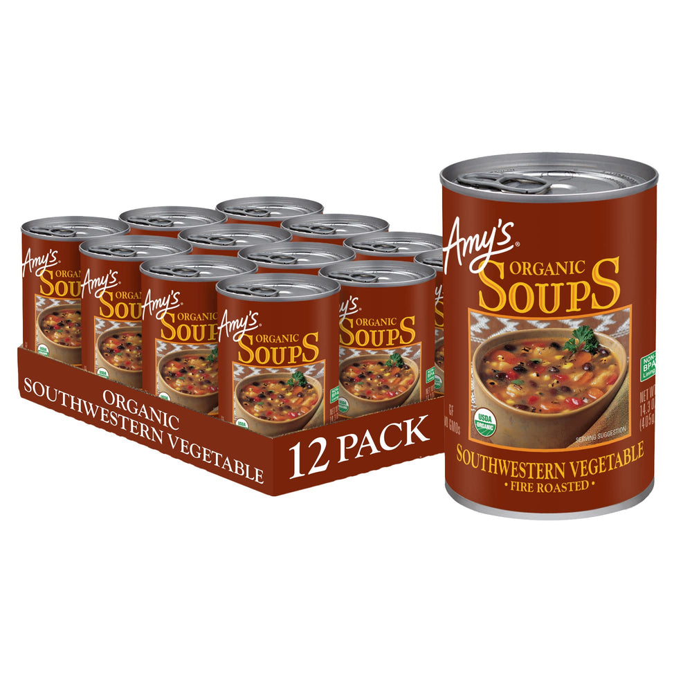 Amy's Fire Roasted Southwestern Vegetable Soup can label shows organic quality.
