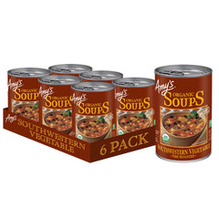 Amy’s Soup front of can with brand logo and organic ingredients for quick meals