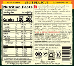 Amy's Split Pea Soup can emphasizes 50% lower sodium for lighter lunches
