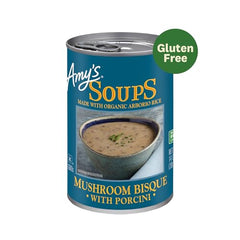Amy's Mushroom Bisque can on a kitchen shelf, gluten-free and ready to heat.