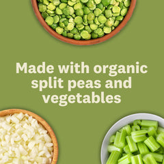 Amy's Split Pea ingredients including onions, carrots, and basil for rich flavor.