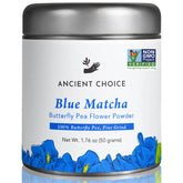Ancient Choice blue matcha powder in a bowl shows vibrant color for smoothies and desserts.
