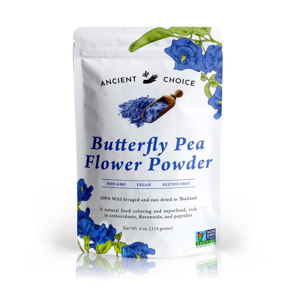 Ancient Choice butterfly pea flower powder in a 4oz jar for natural drink color.