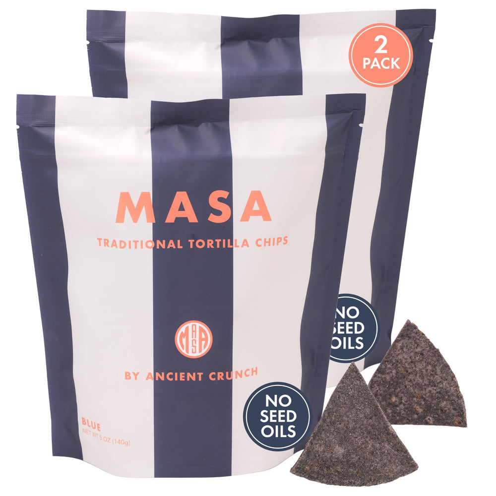 Ancient Crunch MASA Blue Corn Chips pack front, ideal for dipping and snacking