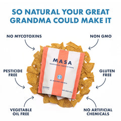 Ancient Crunch MASA Chips ingredients visible, naturally nixtamalized corn flavor