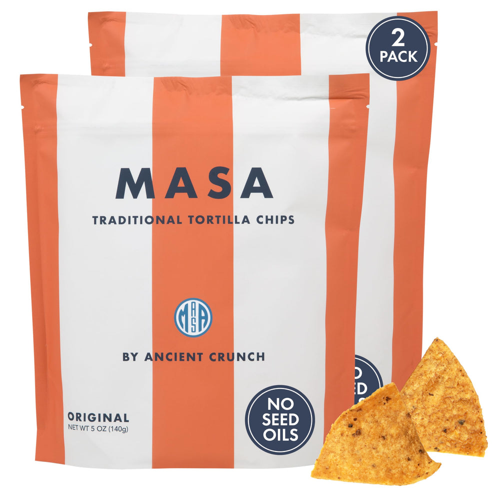 Ancient Crunch MASA chips in original pack, ready for dipping and snacking.
