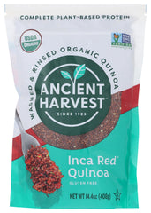 Ancient Harvest Inca Red quinoa 12oz front label promotes gluten-free, high-protein meals