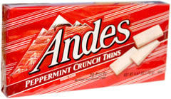 Andes Peppermint Crunch Thins box showing minty chocolate snack perfect for sharing.