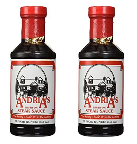 Andria's Steak Sauce bottle pour enhances grilled steaks with bold, savory flavor.