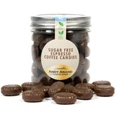 Andy Anand Chocolatier espresso hard candy in a jar, gluten-free and sugar-free indulgence.