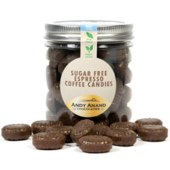 Andy Anand Chocolatier espresso hard candy in a jar, gluten-free and sugar-free indulgence.
