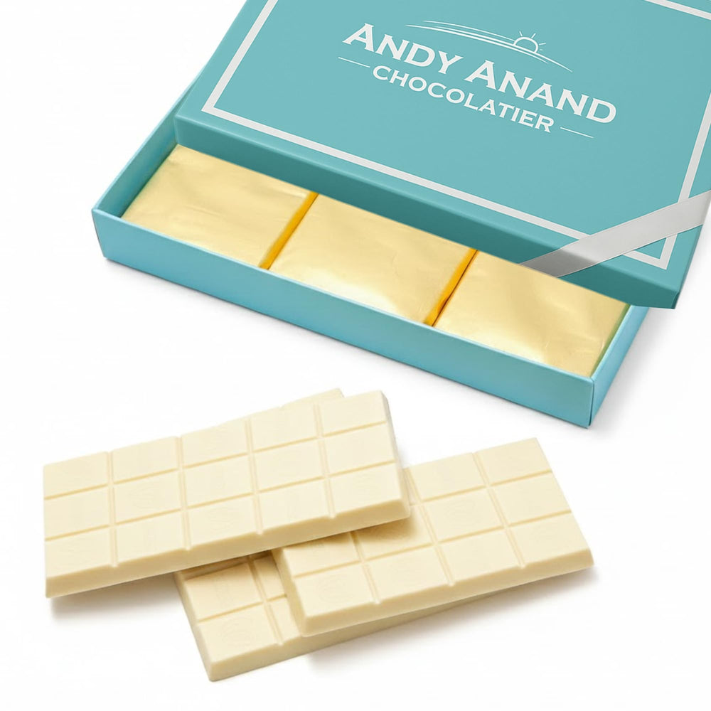 Andy Anand Chocolatier sugar-free white bars in a gift-ready pack for refined gifting.