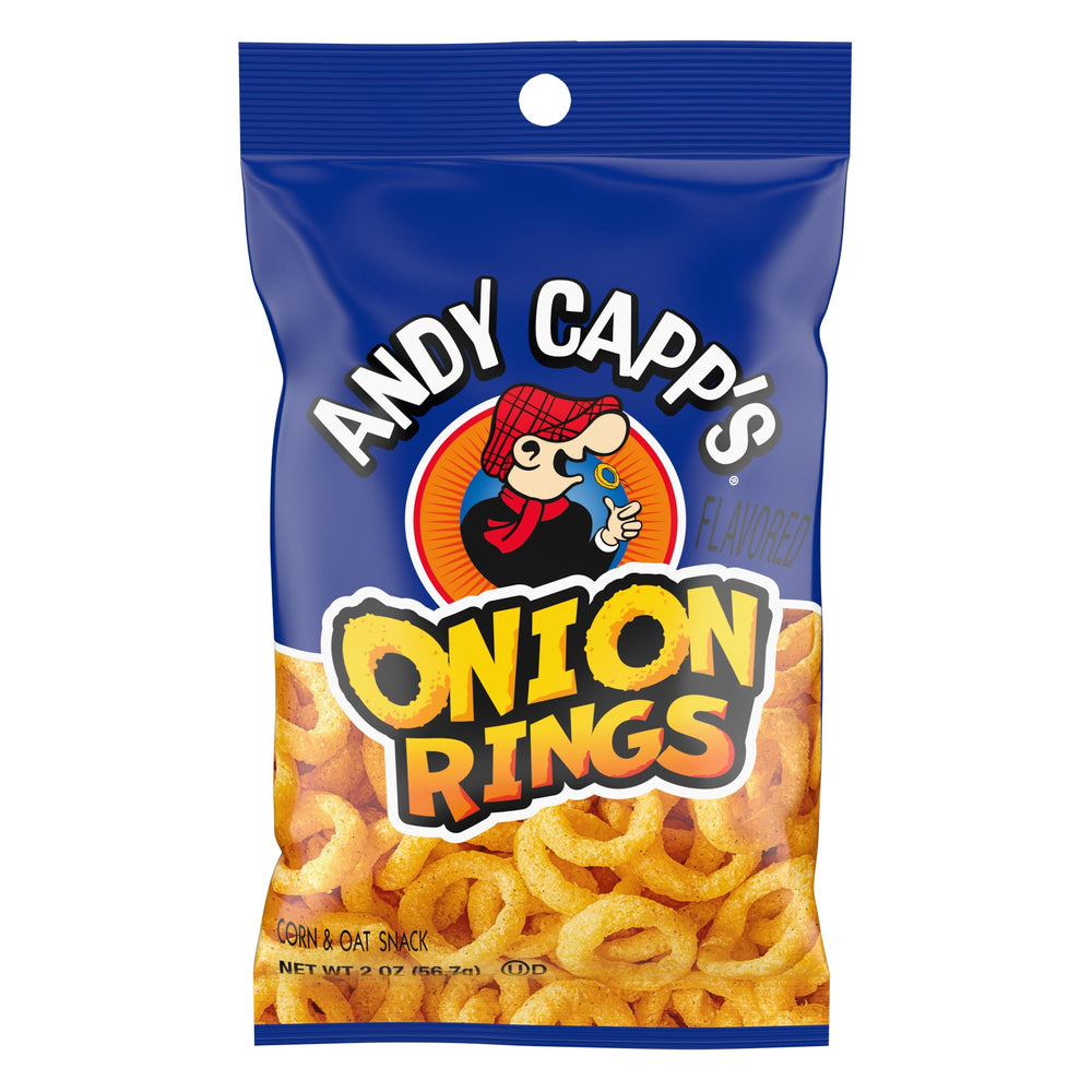Andy Capp's Beer Battered Onion Rings baked snacks, crispy hero shot showing oven-baked crunch.