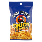 Andy Capp's Beer Battered Onion Rings baked snacks, crispy hero shot showing oven-baked crunch.