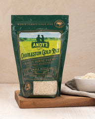 Andy's Carolina Gold Rice bag detail highlighting USA harvest and purity.