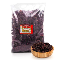 Angel Brand dried hibiscus flowers in a sturdy pouch for fresh infusion.