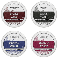 Angelino's Coffee Moka Java pods in a 96-count box for bold mornings.
