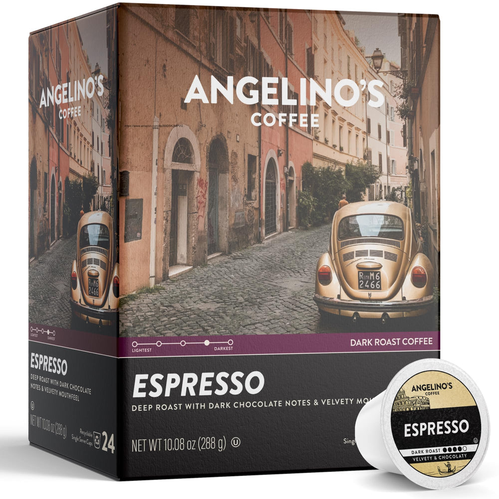 Angelino's Coffee Espresso Dark Roast pods on shelf, ideal for bold, quick brews.