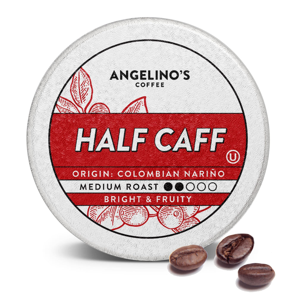 Angelino's half caff 96-count box for easy single-serve brewing