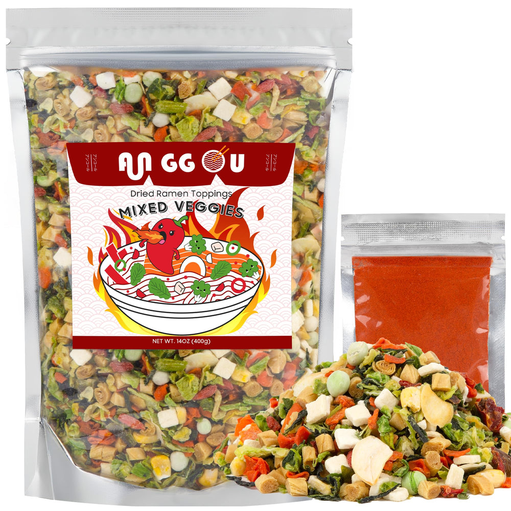 Anggou spicy vegetable ramen toppings blend in a resealable pouch for quick meals.