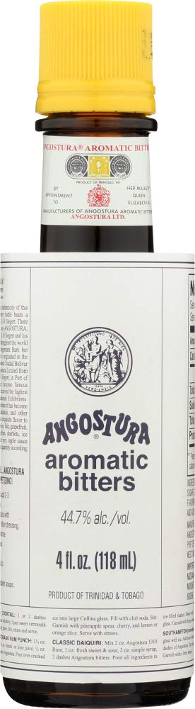 ANGOSTURA Aromatic Bitters bottle with yellow cap enhances cocktails with depth.