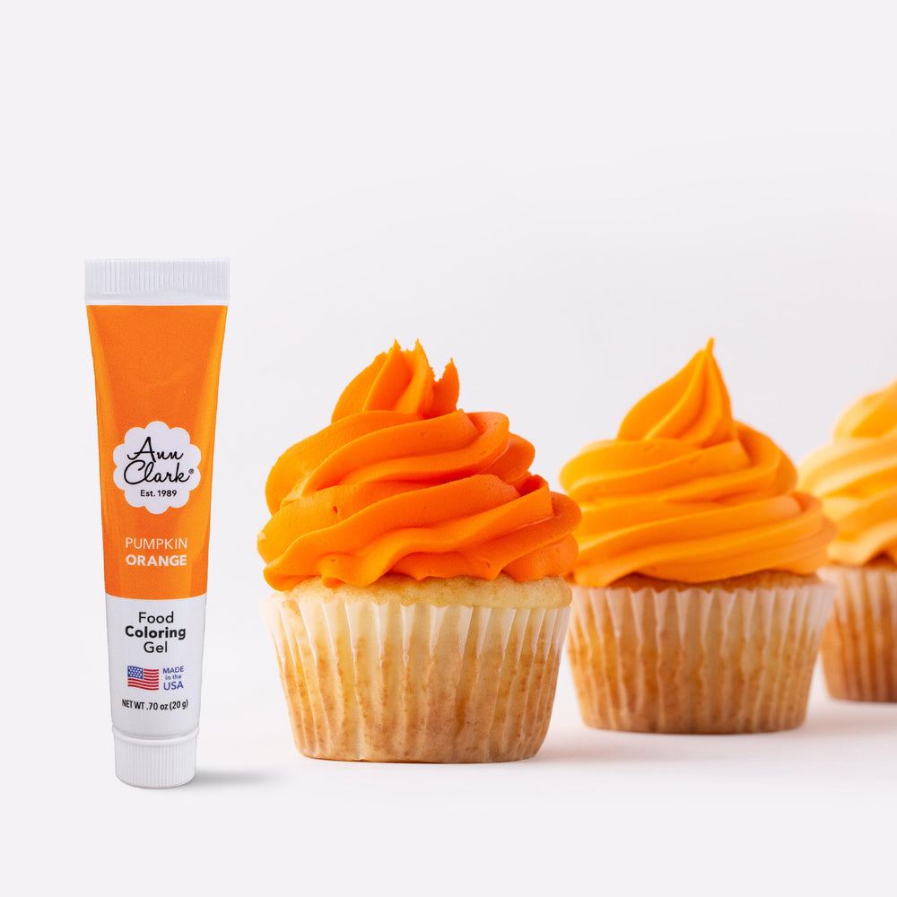 Ann Clark pumpkin orange gel color bottle close-up for vibrant icing.
