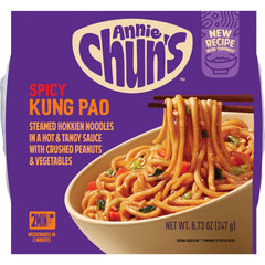 Annie Chun's Spicy Kung Pao Noodle Bowl pack shot highlights convenient, ready-to-eat meals.