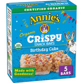 Annie's Birthday Cake Crispy Snack Bars box front, gluten-free and organic for lunchboxes