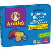 Annie's Building Blocks gummies in block shapes, organic and gluten-free for kids snacks.