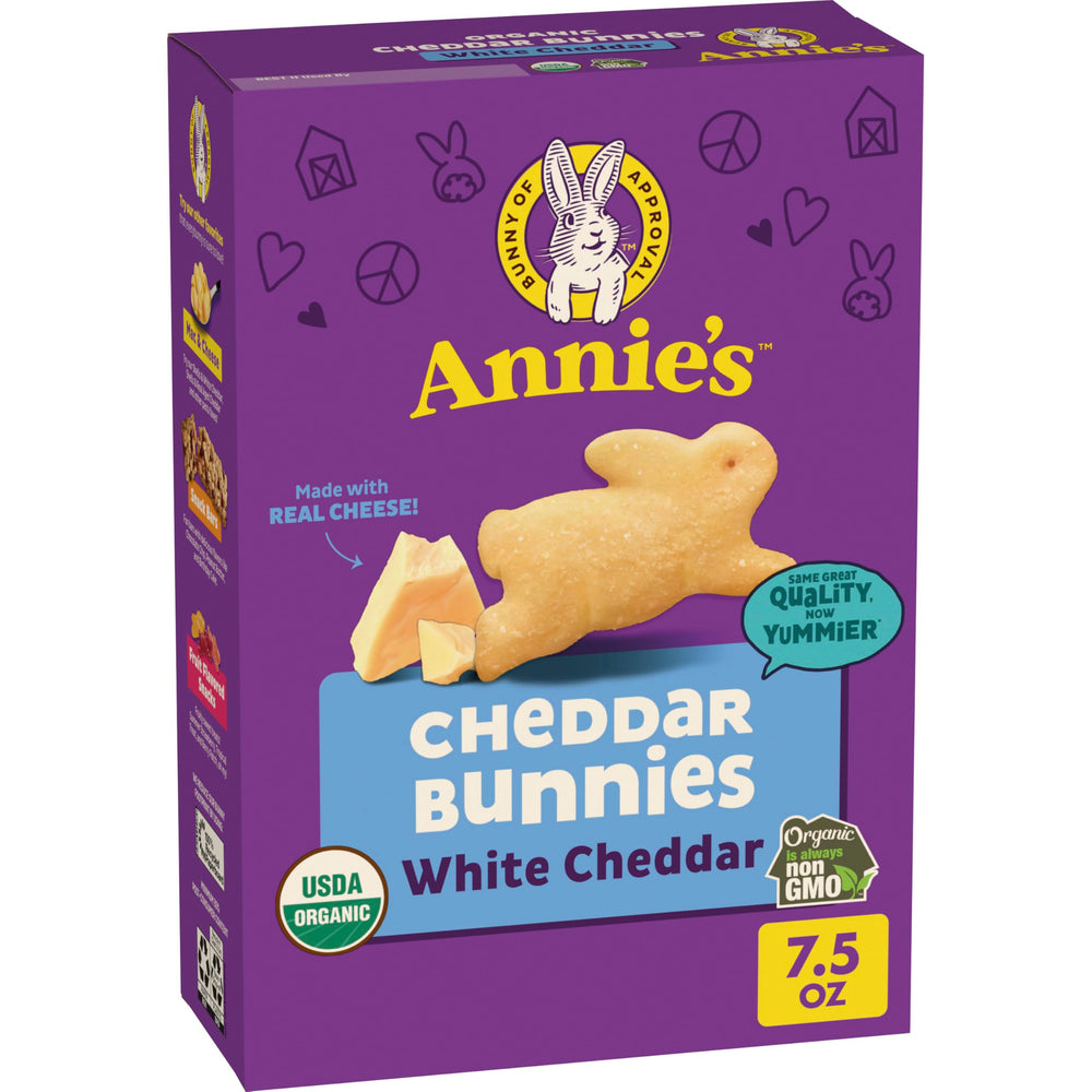Annie's Bunnies Organic White Cheddar box front for family snacks.