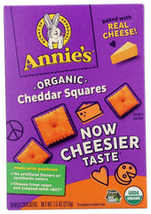 Annie's Organic Cheddar Squares box front, convenient organic snack for kids