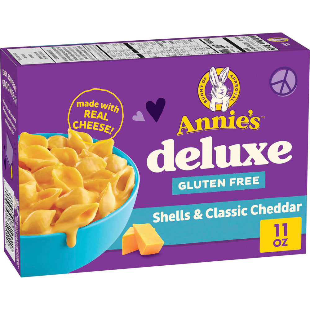 Annie's Deluxe Gluten Free Mac N Cheese box front, a gluten-free pantry staple for quick dinners.
