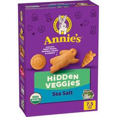 Annie's Hidden Veggie Crackers sea salty box on the shelf, convenient family snack.
