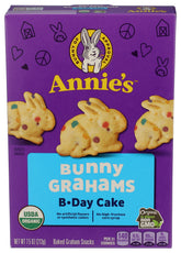 Annie's Homegrown Birthday Cake Bunny Grahams pack, kid-friendly crunchy organic crackers.